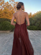 Vestido largo mujer gasa fluida cuello en V elegante etérea boda noche romántica fiesta en jardín gala ceremonia – Chiffonelle