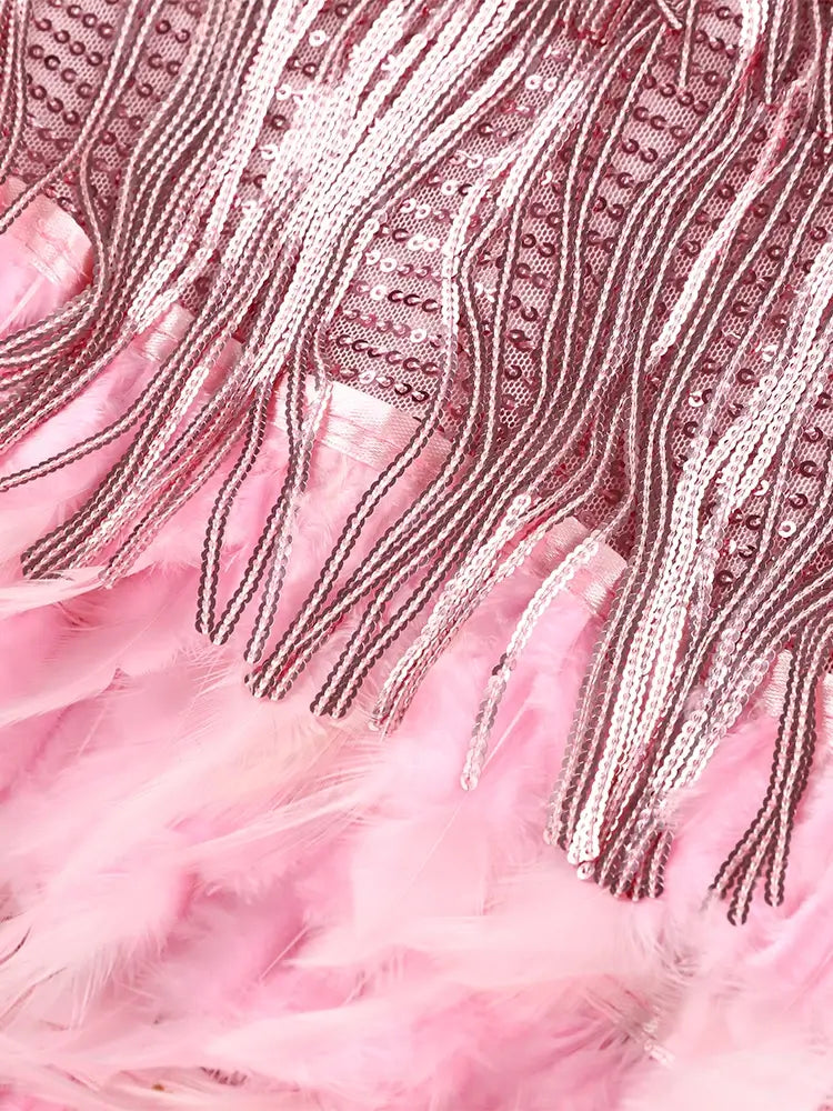Robe Mini Élégante en Sequins avec Plumes Roses à Bretelles Spaghetti pour Soirée Cocktail