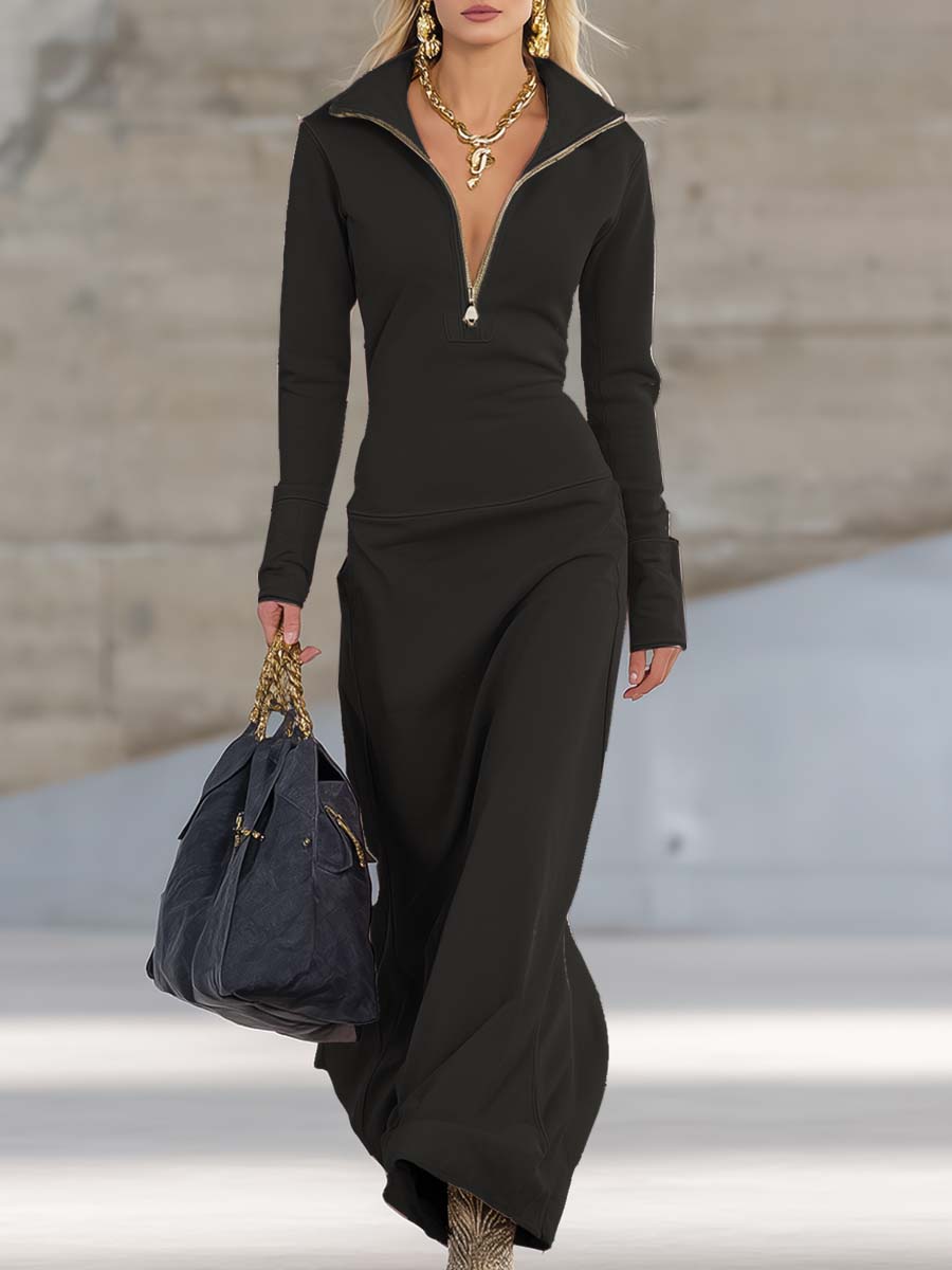 Robe Longue Sportive à Col V Avec Fermeture Éclair Pour Femme à Manches Longues Ajustée Décontractée Formelle de Fête Cowgirl Soirée Élégante