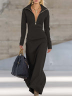 Robe Longue Sportive à Col V Avec Fermeture Éclair Pour Femme à Manches Longues Ajustée Décontractée Formelle de Fête Cowgirl Soirée Élégante