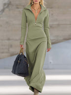 Robe Longue Sportive à Col V Avec Fermeture Éclair Pour Femme à Manches Longues Ajustée Décontractée Formelle de Fête Cowgirl Soirée Élégante