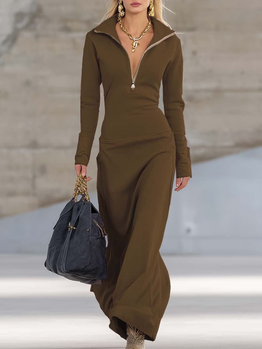 Robe Longue Sportive à Col V Avec Fermeture Éclair Pour Femme à Manches Longues Ajustée Décontractée Formelle de Fête Cowgirl Soirée Élégante