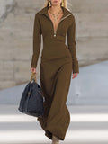 Robe Longue Sportive à Col V Avec Fermeture Éclair Pour Femme à Manches Longues Ajustée Décontractée Formelle de Fête Cowgirl Soirée Élégante