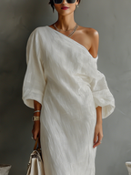 Abito lungo elegante monospalla da donna in cotone lino fluido per serate formali e invitate a matrimoni – Bianco avorio
