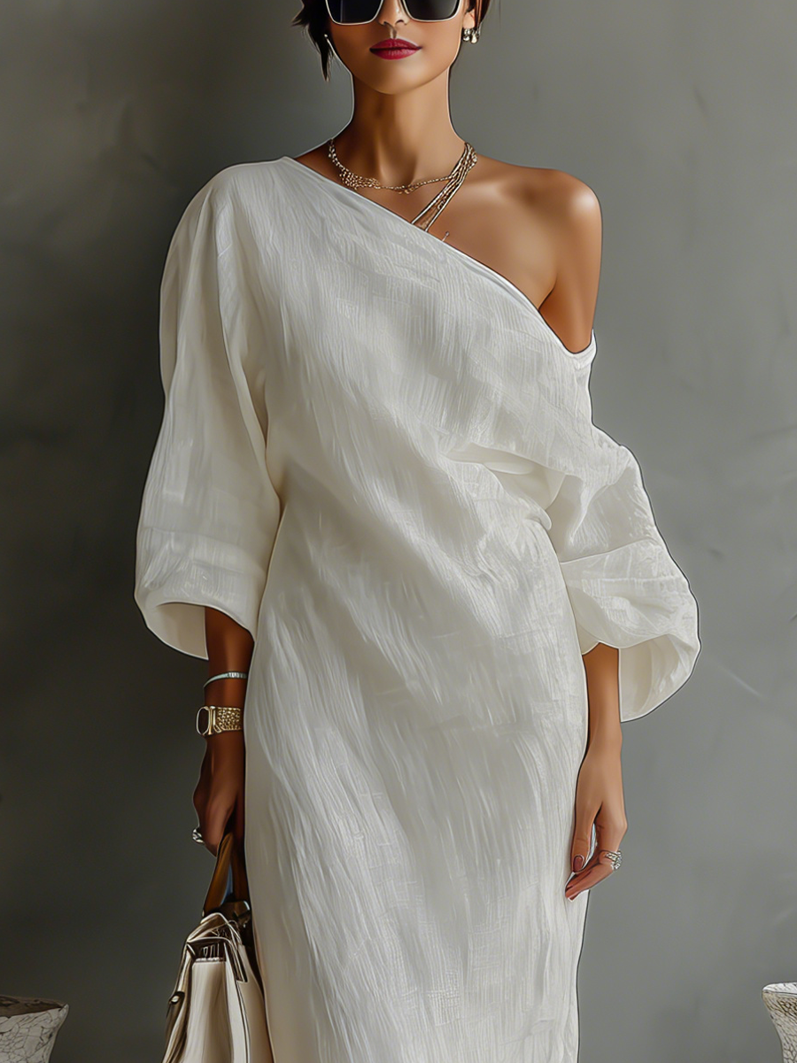 Robe Longue Élégante à Une Épaule pour Femmes en Coton Lin Fluide pour Soirées Formelles Invitées de Mariage – Blanc Ivoire
