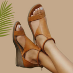 Sandali con zeppa in pelle ortopedici da donna, aperti davanti, con cinturino alla caviglia, supporto per l'arco plantare, scarpe estive casual – Marley