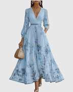 Robe Longue Plissée Florale Élégante pour Femme, Col V, Manches Longues, Taille Ruban, Formelle et Décontractée – Rowella