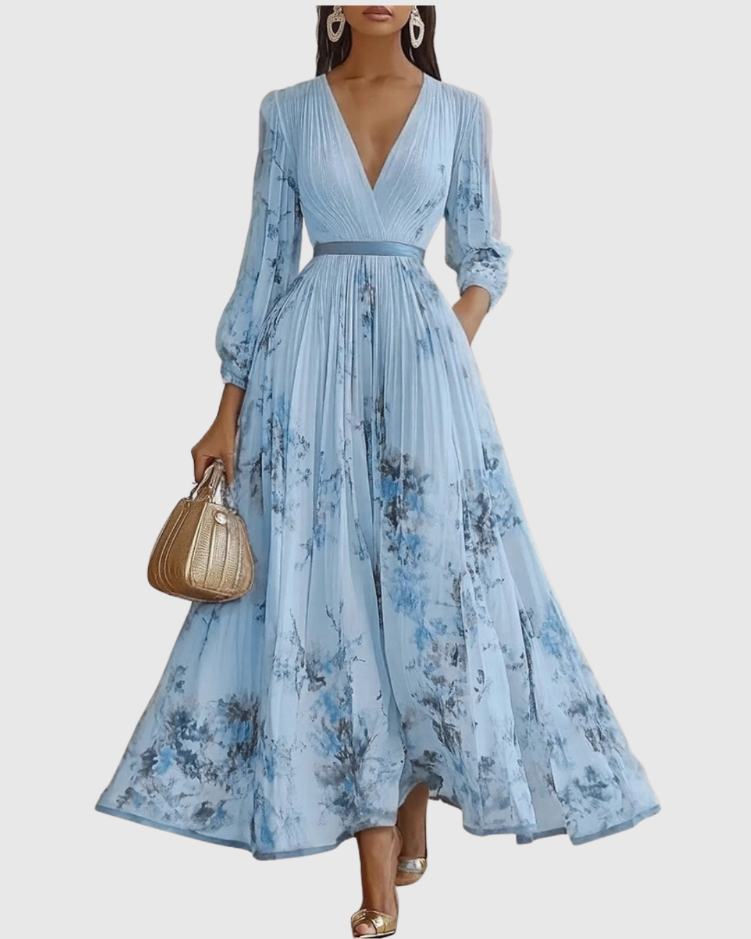 Robe Longue Plissée Florale Élégante pour Femme, Col V, Manches Longues, Taille Ruban, Formelle et Décontractée – Rowella
