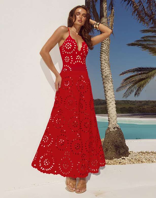 Maillot de Bain Une Pièce Floral Avec Découpes Et Ensemble Jupe Longue V-cou Pour Vacances à La Plage, Fête Au Bord De la Piscine, Été – Rouge