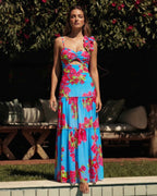 Ensemble Maillot de Bain Une Pièce Découpe Laser Floral Col V Bretelles Jupe Longue Bleu Tropical Resort Plage Vacances – Azuleiha