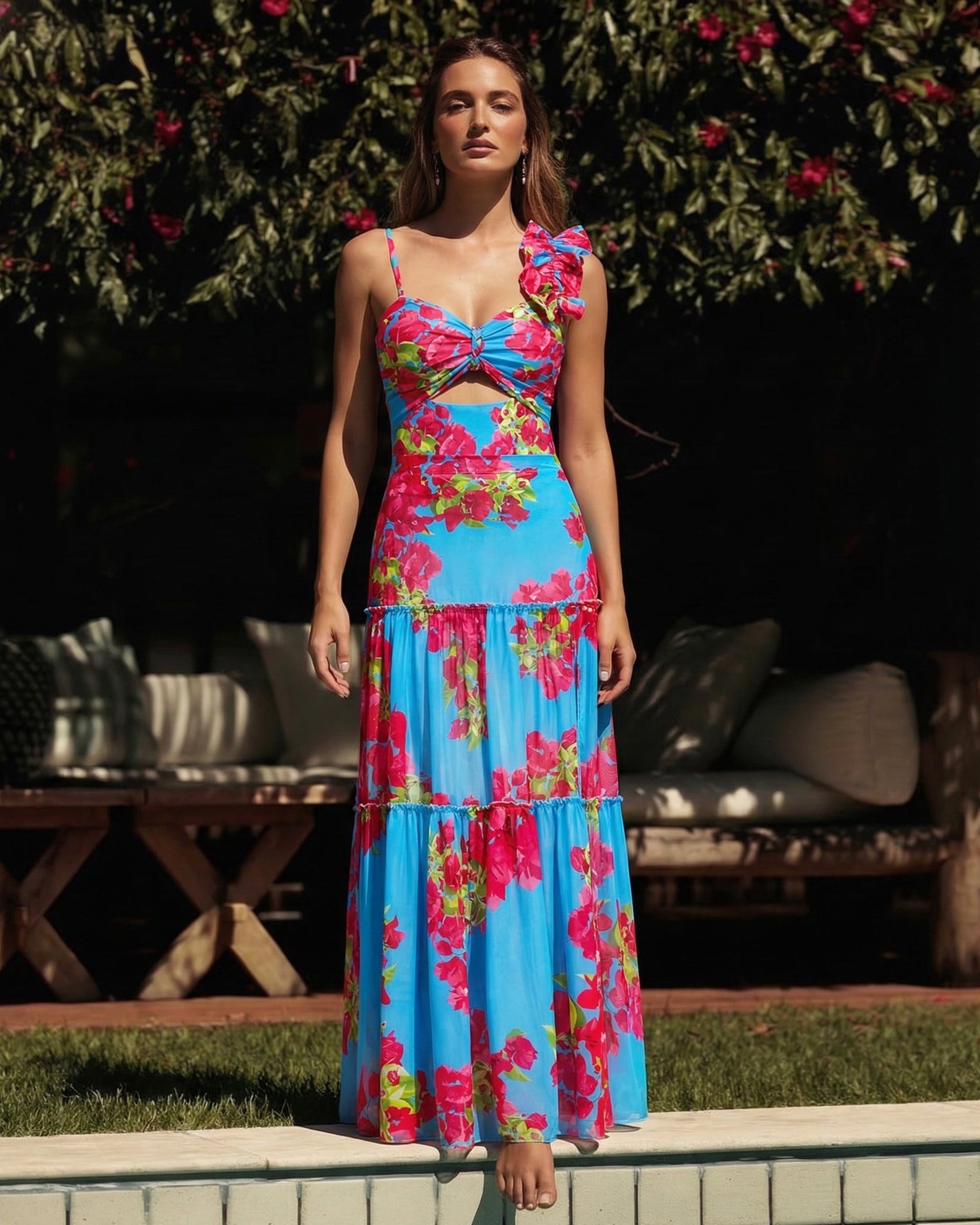 Ensemble Maillot de Bain Une Pièce Découpe Laser Floral Col V Bretelles Jupe Longue Bleu Tropical Resort Plage Vacances – Azuleiha