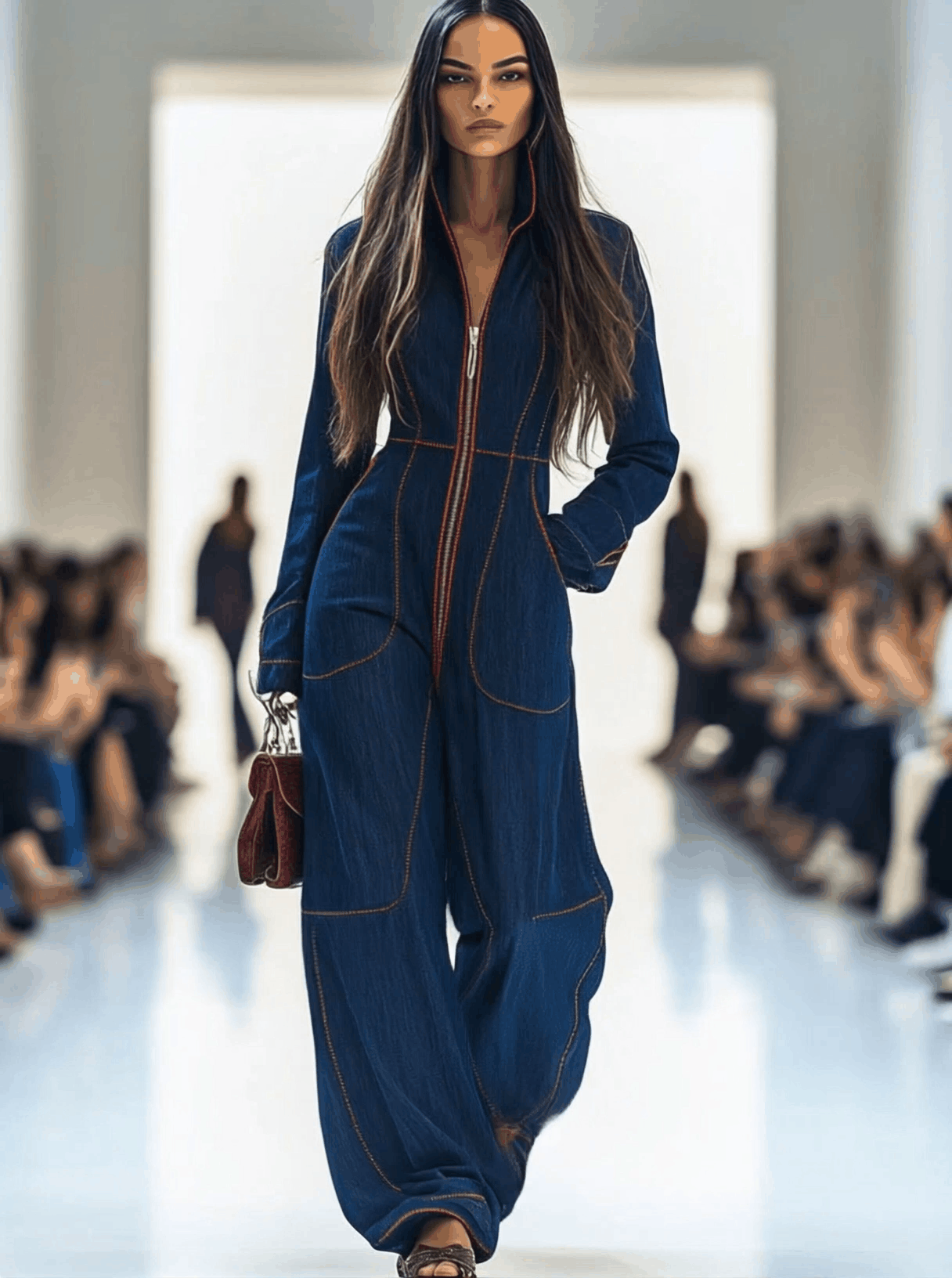 Salopette en Jean Décontractée Femme Retro à Col avec Surpiqûres Rouges et Poches à Jambe Large – Bleu