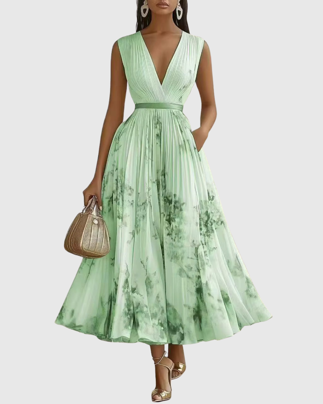 Robe Longue Plissée Florale Élégante pour Femme, Col V, Manches Longues, Taille Ruban, Formelle et Décontractée – Rowella