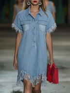 Robe Mini Chemise en Jean Vintage pour Femmes à Manches Courtes avec Franges à Franges, Décontractée, d'Été, Quotidienne, de Plage – Bleu Clair, Coupe Lâche