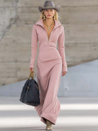 Robe Longue Sportive à Col V Avec Fermeture Éclair Pour Femme à Manches Longues Ajustée Décontractée Formelle de Fête Cowgirl Soirée Élégante
