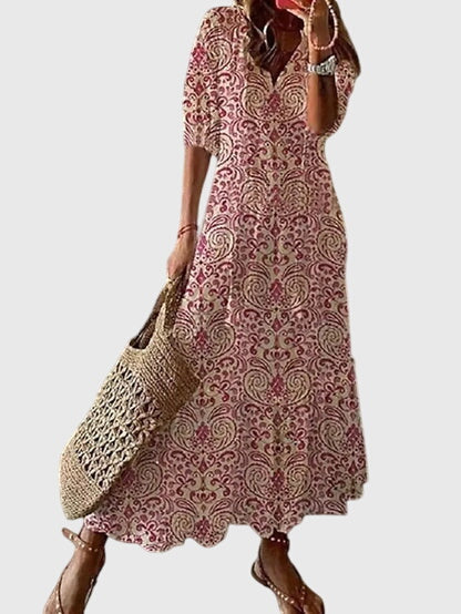 Robe Midi d'Été Vintage Boho pour Femmes Imprimé Floral à Manches Courtes Décontractée Féminine Chic – Amalia