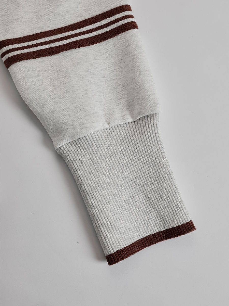 Retro sportieve dames set in twee delen, halve rits sweater, wijde broek met strepen – Grijs wit