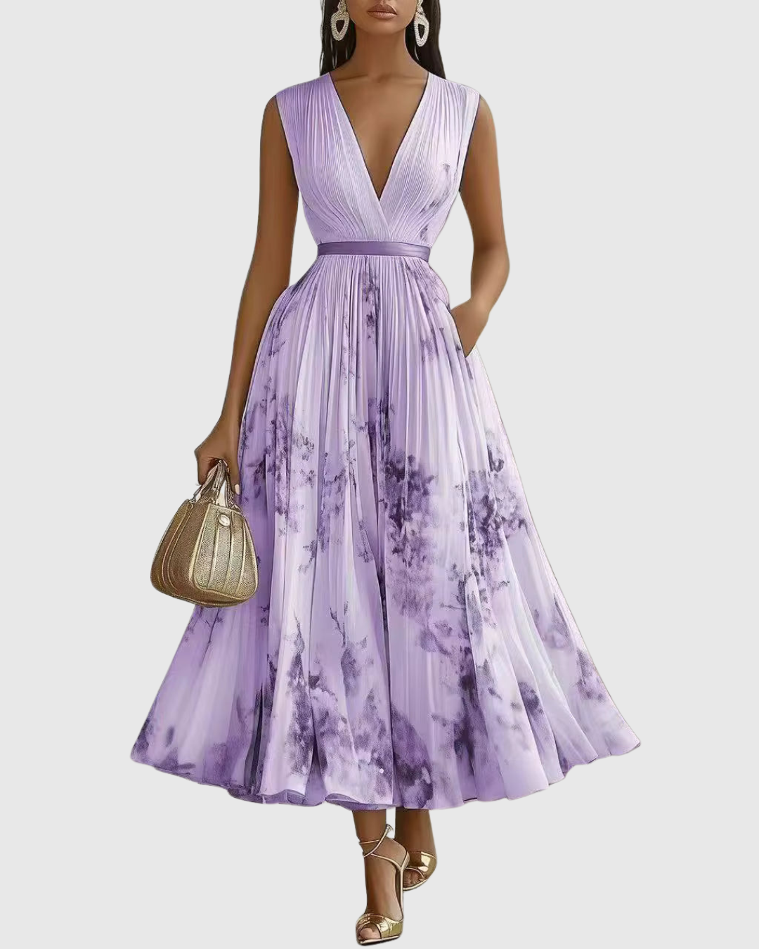 Robe Longue Plissée Florale Élégante pour Femme, Col V, Manches Longues, Taille Ruban, Formelle et Décontractée – Rowella