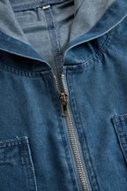 Damen Retro-Jeans-Latzhose mit Kapuze, Reißverschluss und Vintage-Taschen – Blau