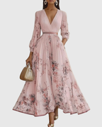 Robe Longue Plissée Florale Élégante pour Femme, Col V, Manches Longues, Taille Ruban, Formelle et Décontractée – Rowella
