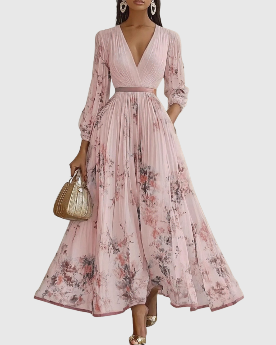 Robe Longue Plissée Florale Élégante pour Femme, Col V, Manches Longues, Taille Ruban, Formelle et Décontractée – Rowella