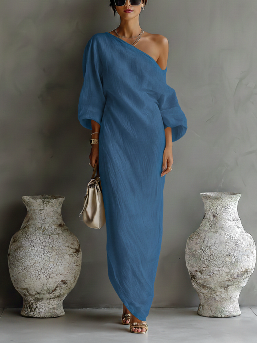 Robe Longue Élégante à Une Épaule pour Femmes en Coton Lin Fluide pour Soirées Formelles Invitées de Mariage – Blanc Ivoire