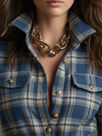 Robe longue décontractée à carreaux ethniques rétro pour femmes avec col, ceinture et manches longues – Marron rougeâtre
