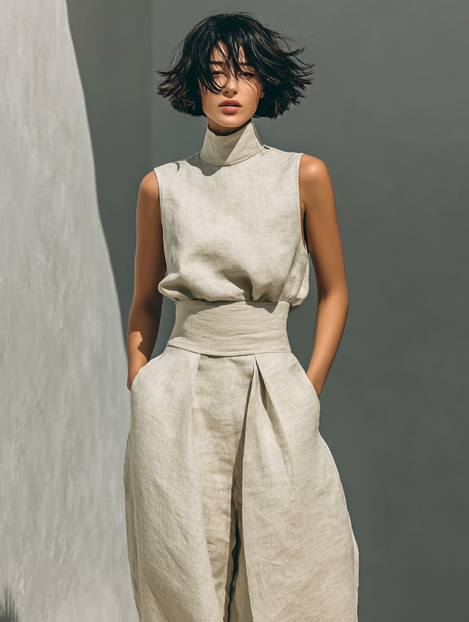 Ensemble Deux Pièces Minimaliste en Coton Lin pour Femmes, Blouse Sans Manches et Pantalon Large, Chic Décontracté – Beige