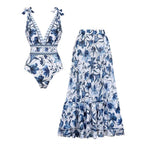 Ensemble Maillot de Bain Une Pièce Col V Lacets Jupe Longue Florale Imprimée Plage Resort Vacances Été – Botanique
