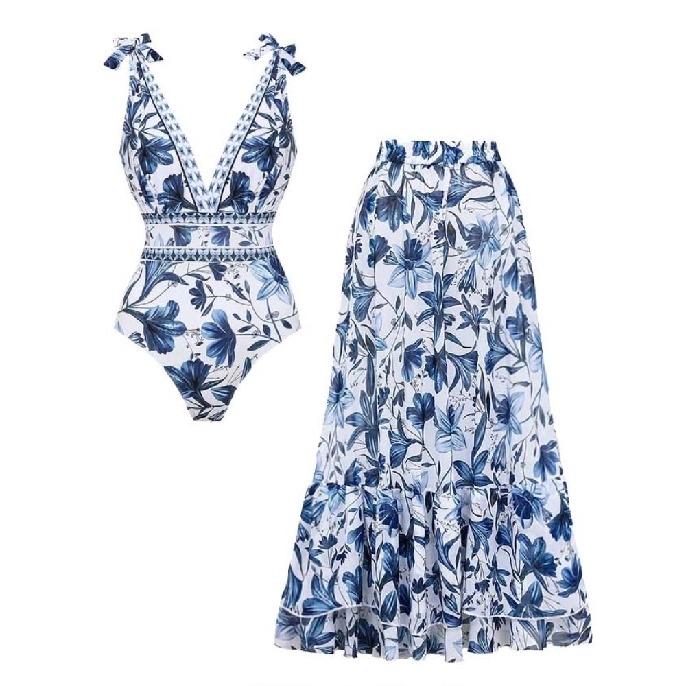 Ensemble Maillot de Bain Une Pièce Col V Lacets Jupe Longue Florale Imprimée Plage Resort Vacances Été – Botanique