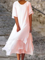 Robe Midi Femme Coton Lin Double Épaisseur Manches Courtes Col Rond Ample Casual Chic Vacances Quotidien – Blancoline