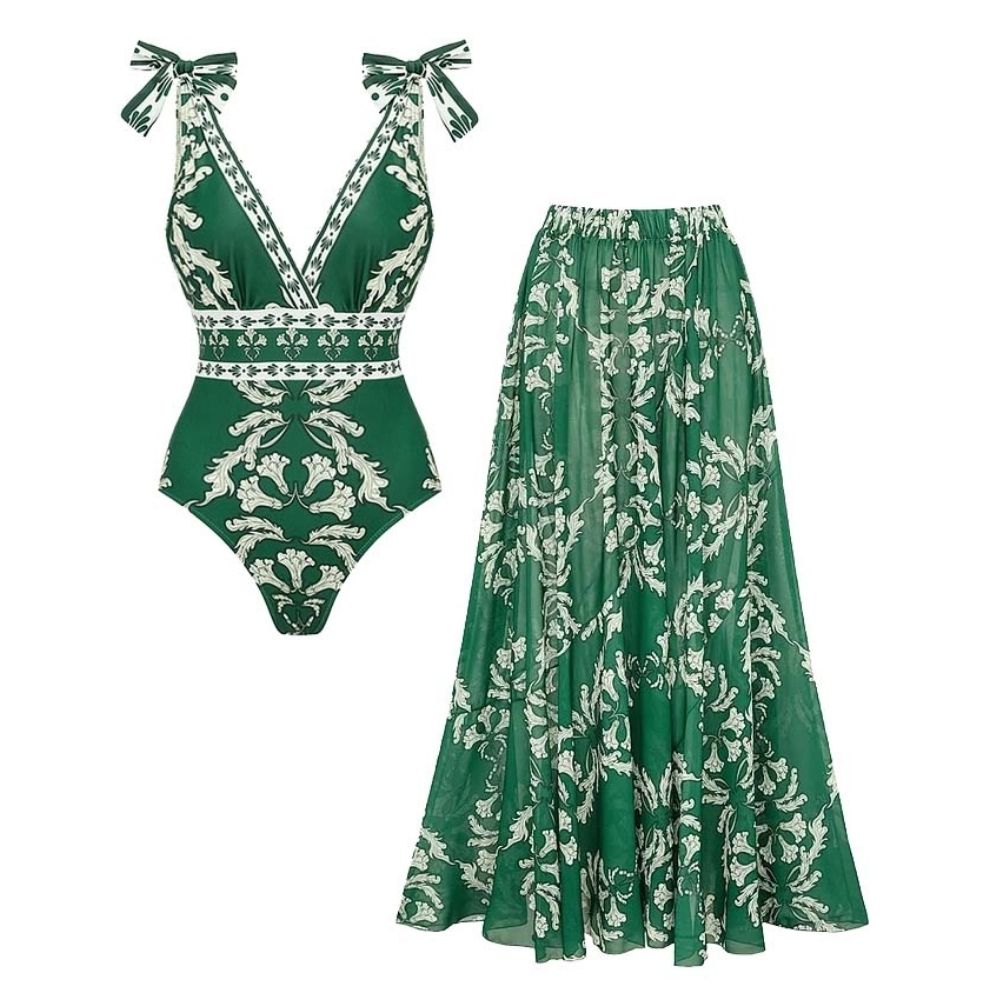 Ensemble Maillot de Bain Une Pièce Col V Lacets Imprimé Floral Vert Jupe Longue Resort Plage Soirée Lune de Miel Vacances – Émeraude