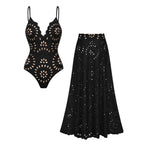 Maillot de Bain Une Pièce à Découpes Florales Au laser Pour Femmes & Ensemble Jupe Longue à Décolleté En V – Noir