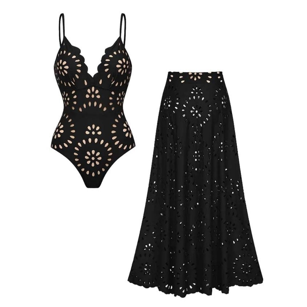 Maillot de Bain Une Pièce à Découpes Florales Au laser Pour Femmes & Ensemble Jupe Longue à Décolleté En V – Noir