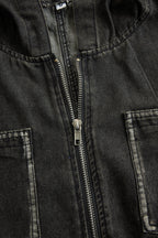 Damen Retro-Jeans-Latzhose mit Kapuze, Reißverschluss und Vintage-Taschen – Blau