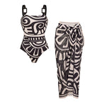 Maillot de bain une pièce à imprimé tribal pour femmes & ensemble jupe longue à bretelles réglables – Noir & Blanc