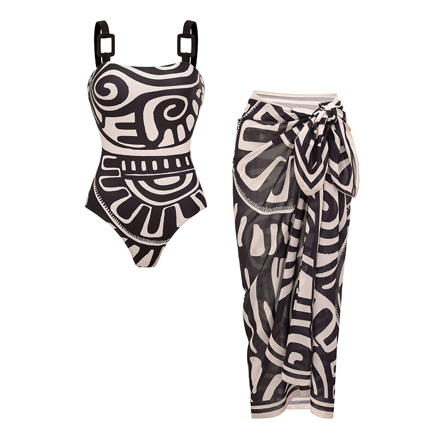 Maillot de bain une pièce à imprimé tribal pour femmes & ensemble jupe longue à bretelles réglables – Noir & Blanc