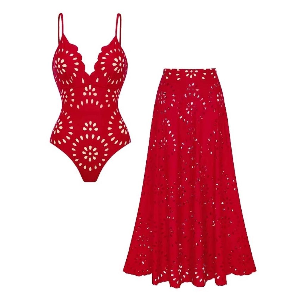 Maillot de Bain Une Pièce Floral Avec Découpes Et Ensemble Jupe Longue V-cou Pour Vacances à La Plage, Fête Au Bord De la Piscine, Été – Rouge