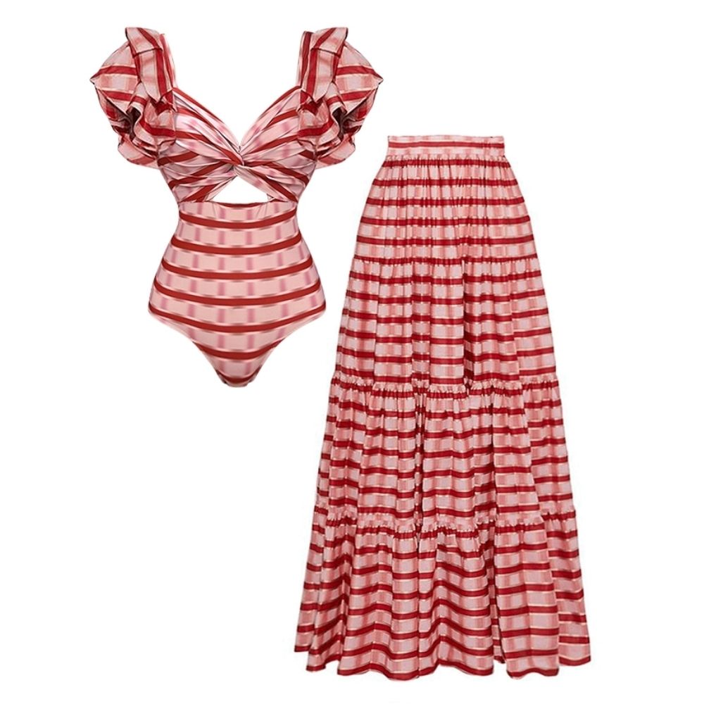 Ensemble Maillot de Bain Une Pièce Volants Twist Front Rayures Rouge Blanc Jupe Maxi Resort Plage Vacances Soirée – Rougeola