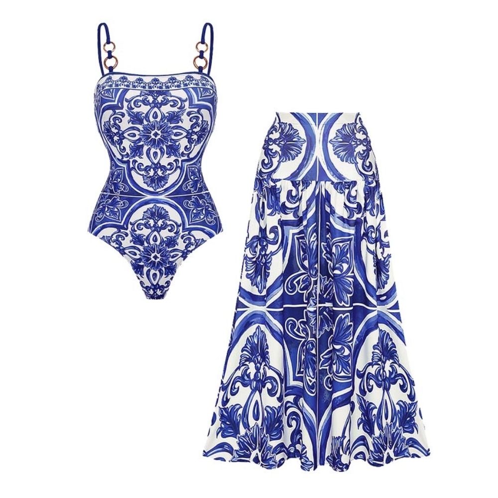Ensemble Maillot de Bain Une Pièce Imprimé Majolique Méditerranéen Jupe Longue Short Plage Resort Vacances Été – Majolika