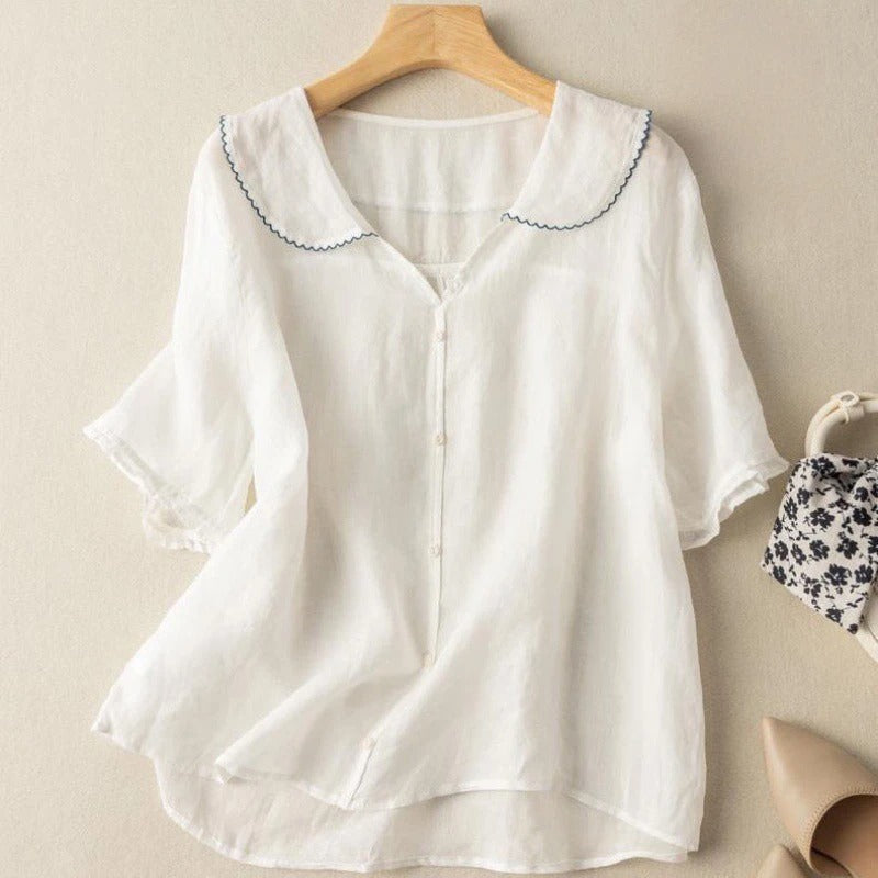 Blouse Vintage Femme Détail Bouton Col Peter Pan Manches Longues Douce Casual Élégante – Kristi