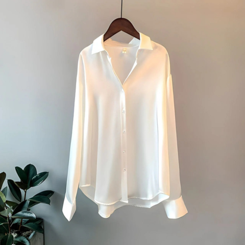 Blusa de mujer de seda satén lujosa con cuello en V, mangas largas, fluida, casual, elegante, para trabajo, noche, vacaciones, versátil – Sabrinelle