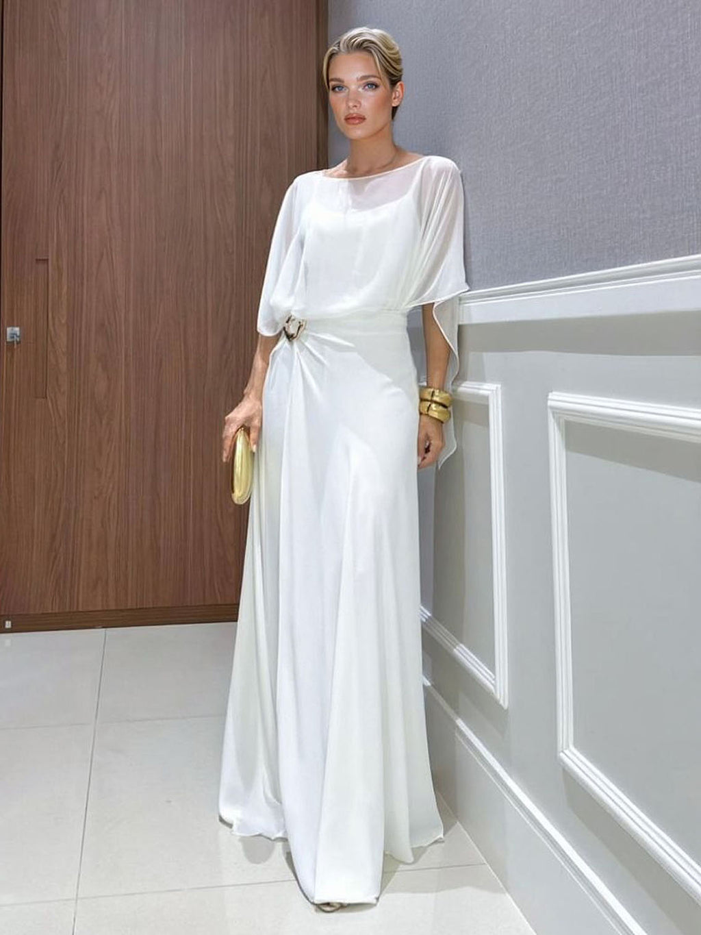 Completo Due Pezzi Donna Top in Chiffon Mantella Trasparente Pantaloni Fluidi Vita Alta Serata Matrimonio Gala Cocktail Elegante – Capeline