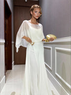 Completo Due Pezzi Donna Top in Chiffon Mantella Trasparente Pantaloni Fluidi Vita Alta Serata Matrimonio Gala Cocktail Elegante – Capeline