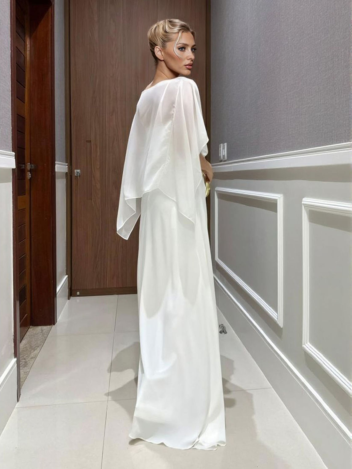 Completo Due Pezzi Donna Top in Chiffon Mantella Trasparente Pantaloni Fluidi Vita Alta Serata Matrimonio Gala Cocktail Elegante – Capeline