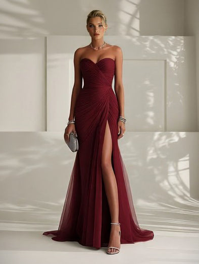 Robe Longue Femme Sans Bretelles Tulle Plissé Fente Latérale Ajustée Mariage Soirée Formelle Gala Bal Cocktail Cérémonie – Tulliane