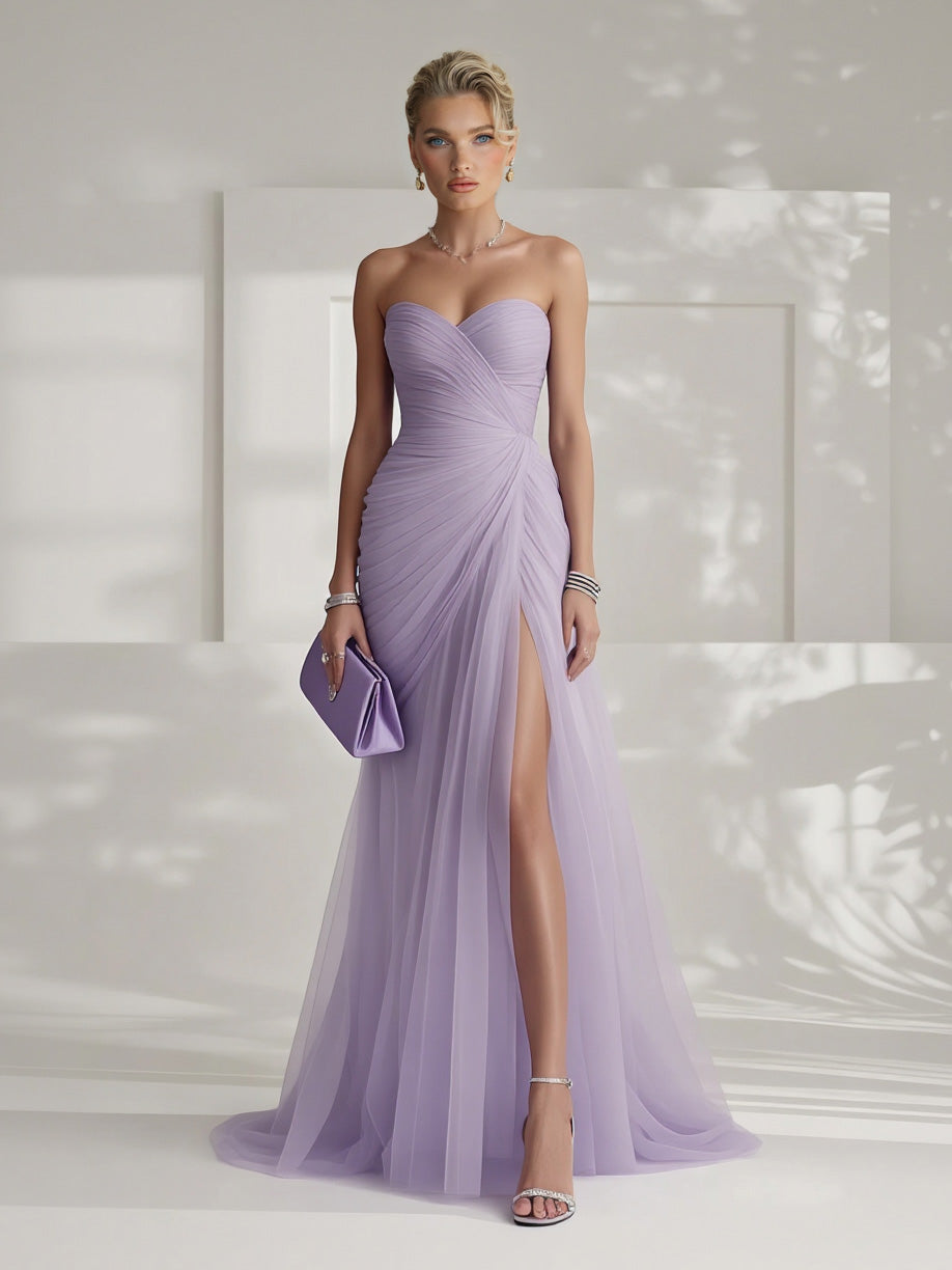 Robe Longue Femme Sans Bretelles Tulle Plissé Fente Latérale Ajustée Mariage Soirée Formelle Gala Bal Cocktail Cérémonie – Tulliane