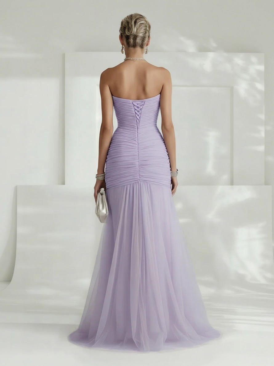 Robe Longue Femme Sans Bretelles Tulle Plissé Fente Latérale Ajustée Mariage Soirée Formelle Gala Bal Cocktail Cérémonie – Tulliane