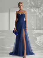 Robe Longue Femme Sans Bretelles Tulle Plissé Fente Latérale Ajustée Mariage Soirée Formelle Gala Bal Cocktail Cérémonie – Tulliane