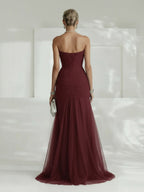 Robe Longue Femme Sans Bretelles Tulle Plissé Fente Latérale Ajustée Mariage Soirée Formelle Gala Bal Cocktail Cérémonie – Tulliane